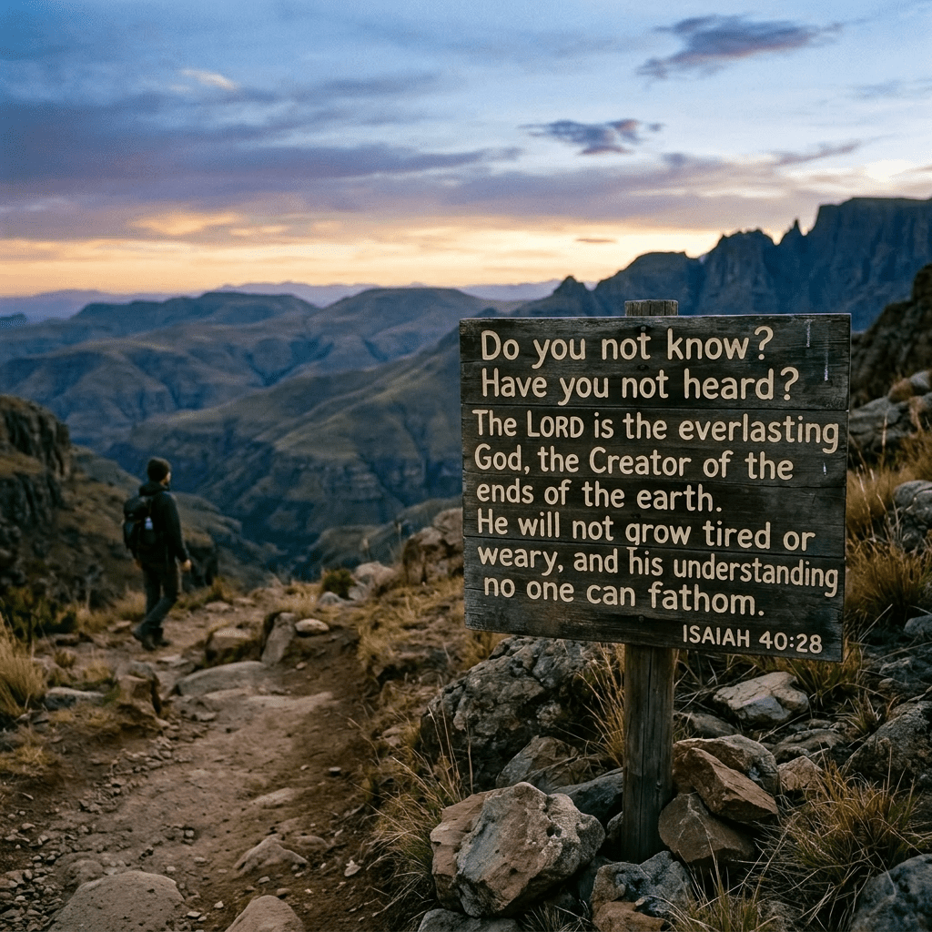 Wooden sign displaying Isaiah 40:28 Bible verse on a mountain hiking trail