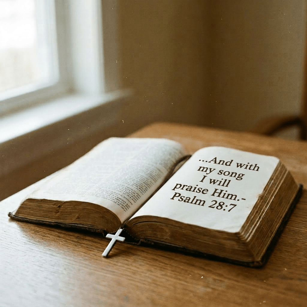 Psalm 28:7. With my song I will praise Him.