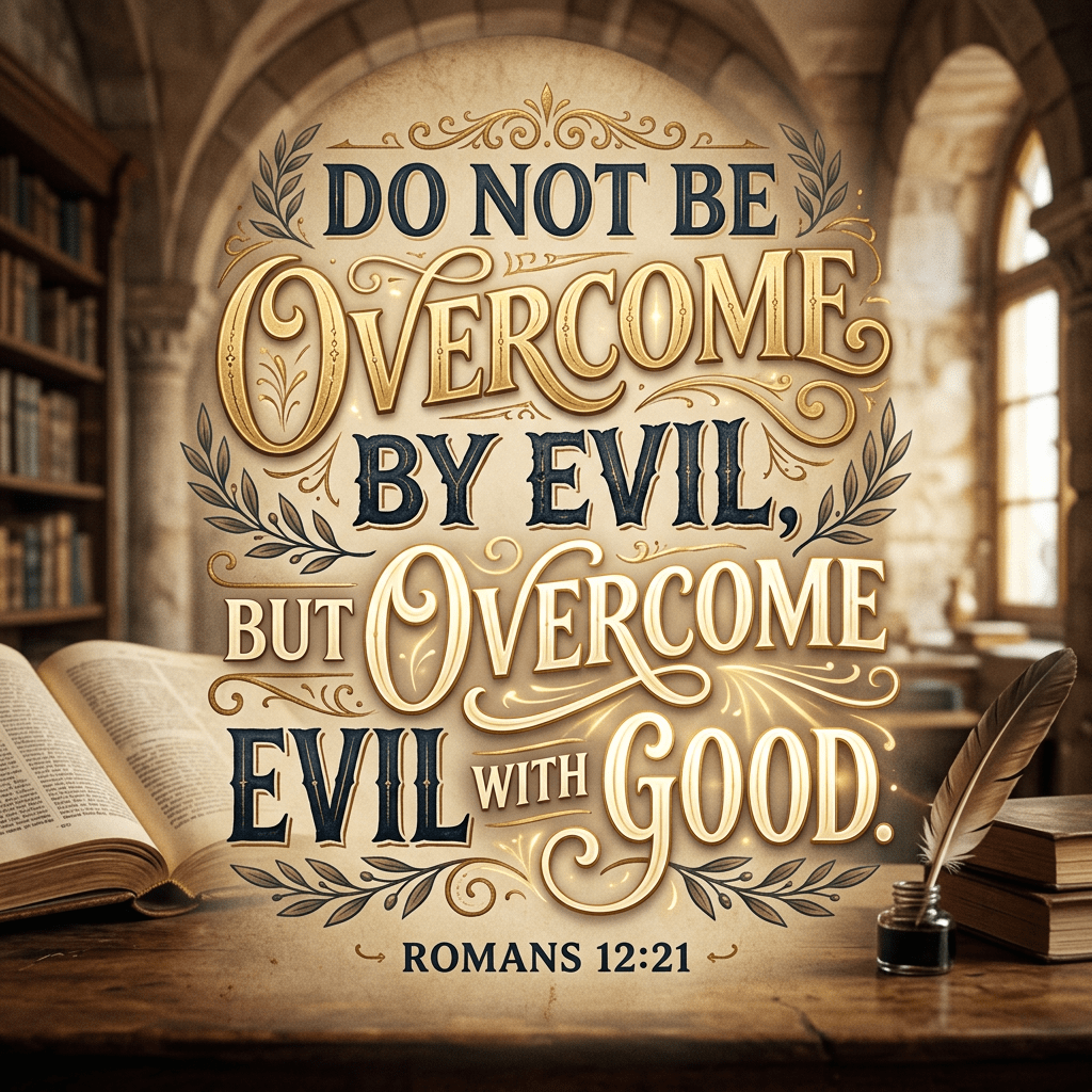 Text of Romans 12:21: Do not be overcome by evil, but overcome evil with good.