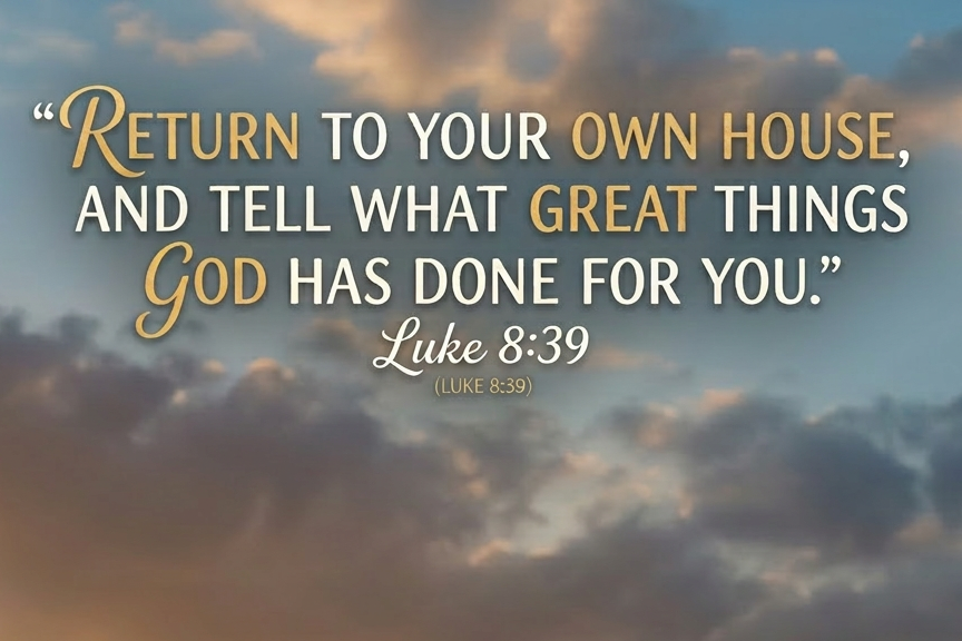 sunset with Luke 8:39 scripture overlaid