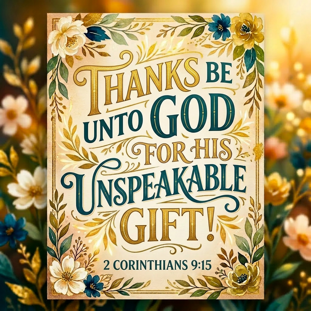 2 Corinthians 9:!5 Text reading 'Thanks be unto God for His unspeakable gift. 2 Corinthians 9:15' surrounded by decorative floral elements
