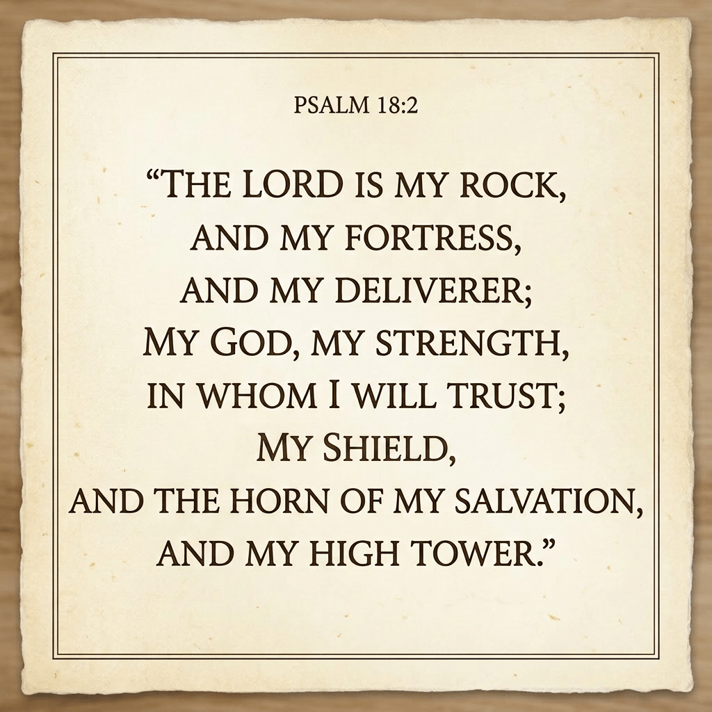 Psalm 18:2 text expressing trust in God as rock, fortress, and deliverer