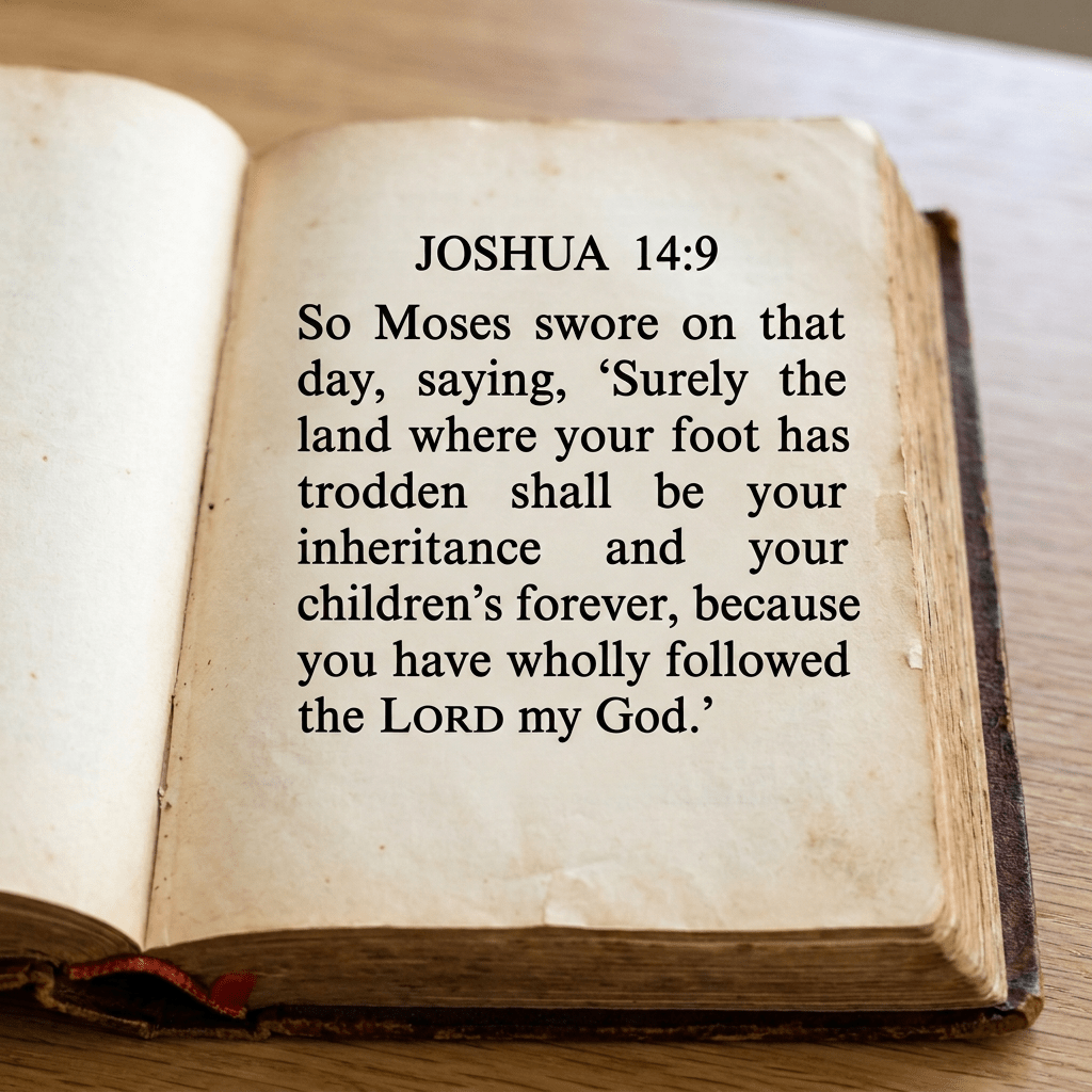 Bible open to Joshua 14:9 showing text about Moses' promise of land inheritance for following God