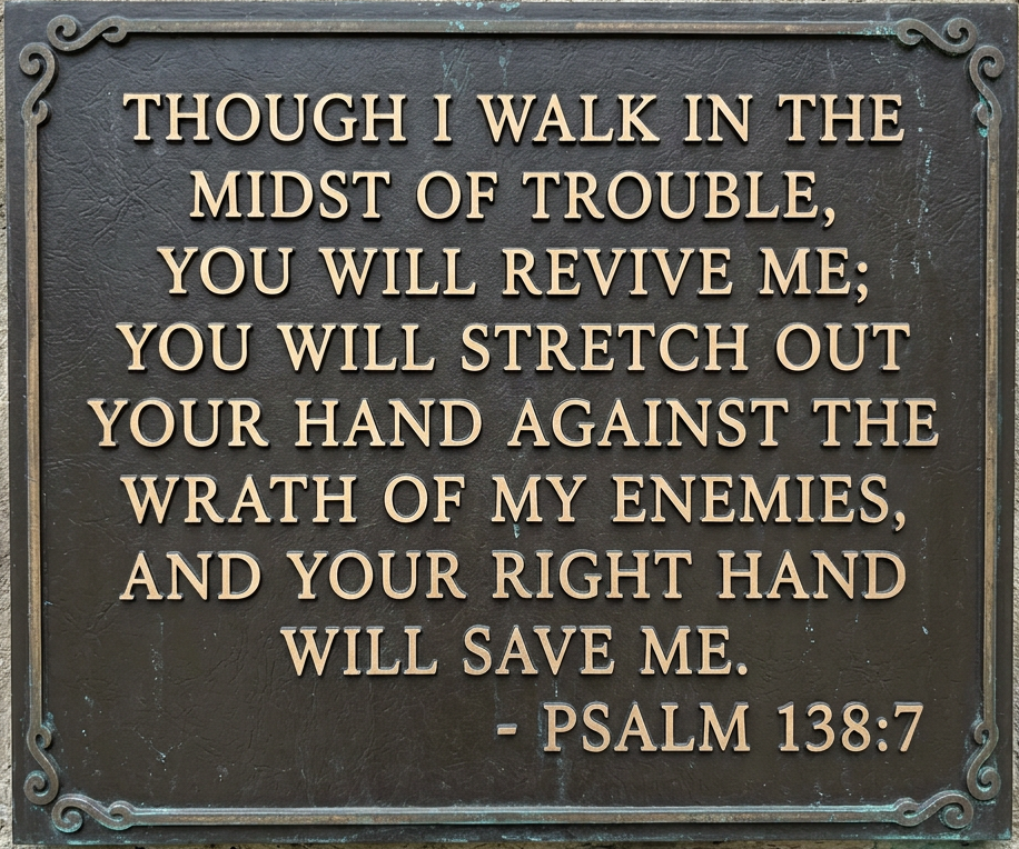 Plaque displaying Psalm 138:7 about protection and rescue. God's right hand will save me.