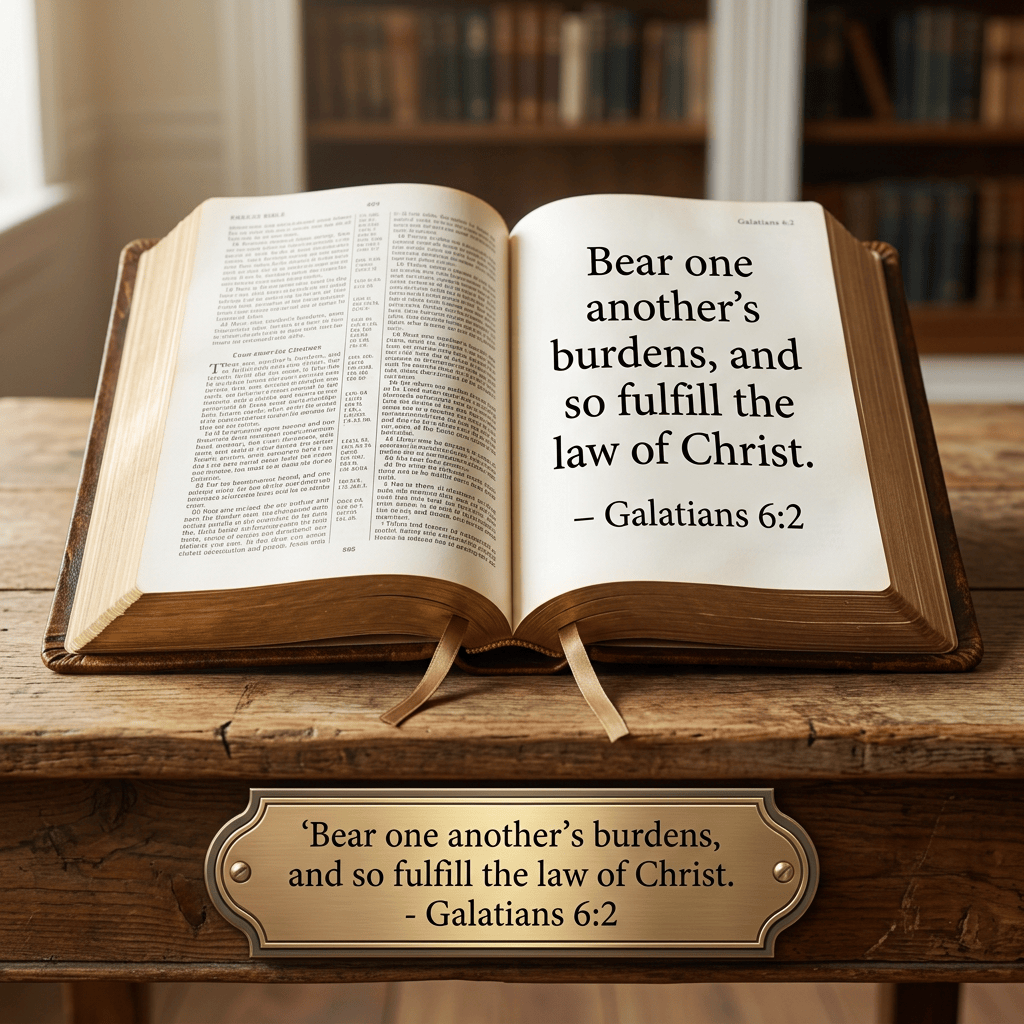 Open Bible displaying Galatians 6:2 and plaque reading Bear one another’s burdens to Fulfill the Law of Christ